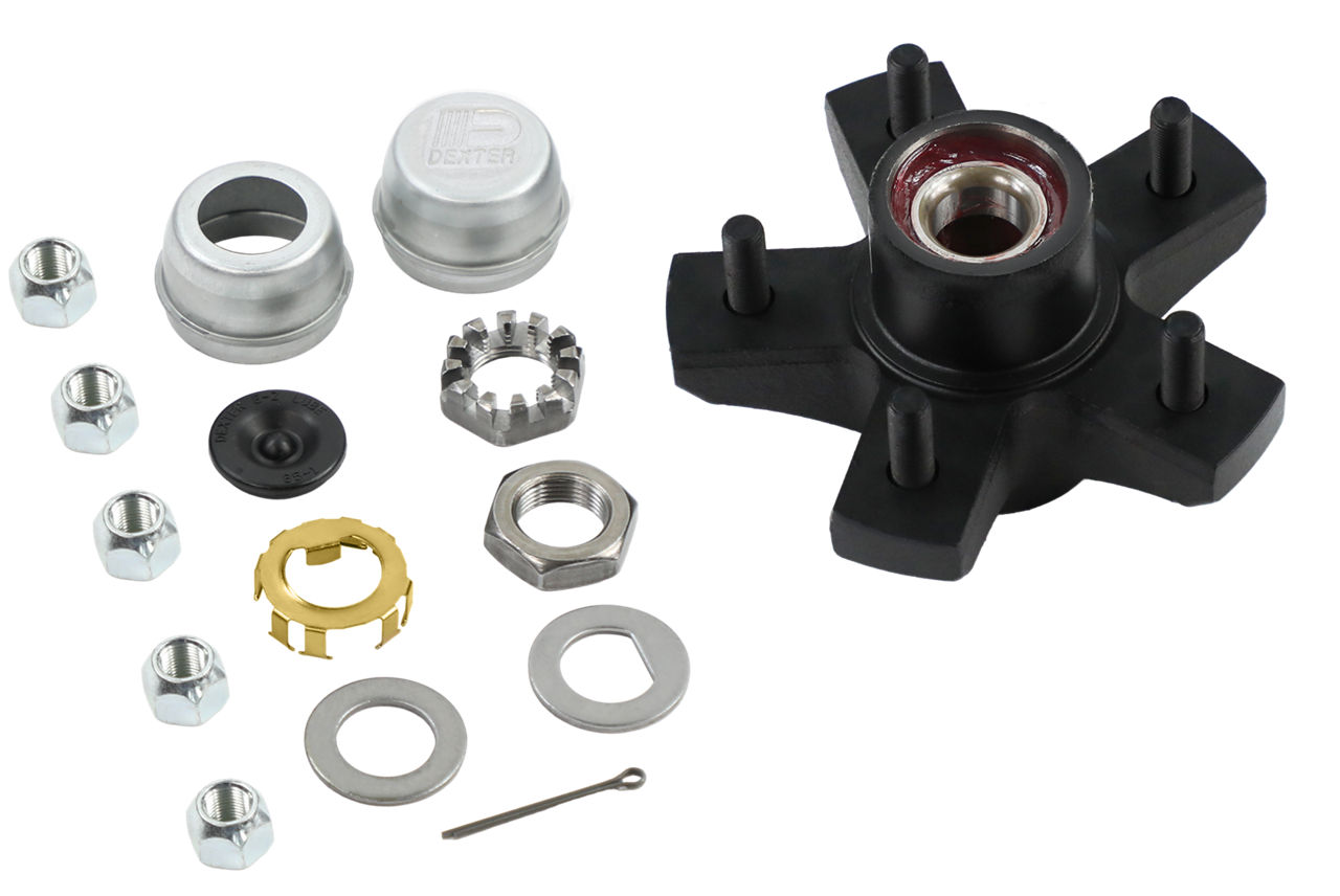Dexter® Complete Pre-Greased Idler Hub Assembly, E-Z Lube® or Grease Lube, 3.5K Capacity Per Pair, 5 on 5.5" Bolt Pattern, 1.720" Seal