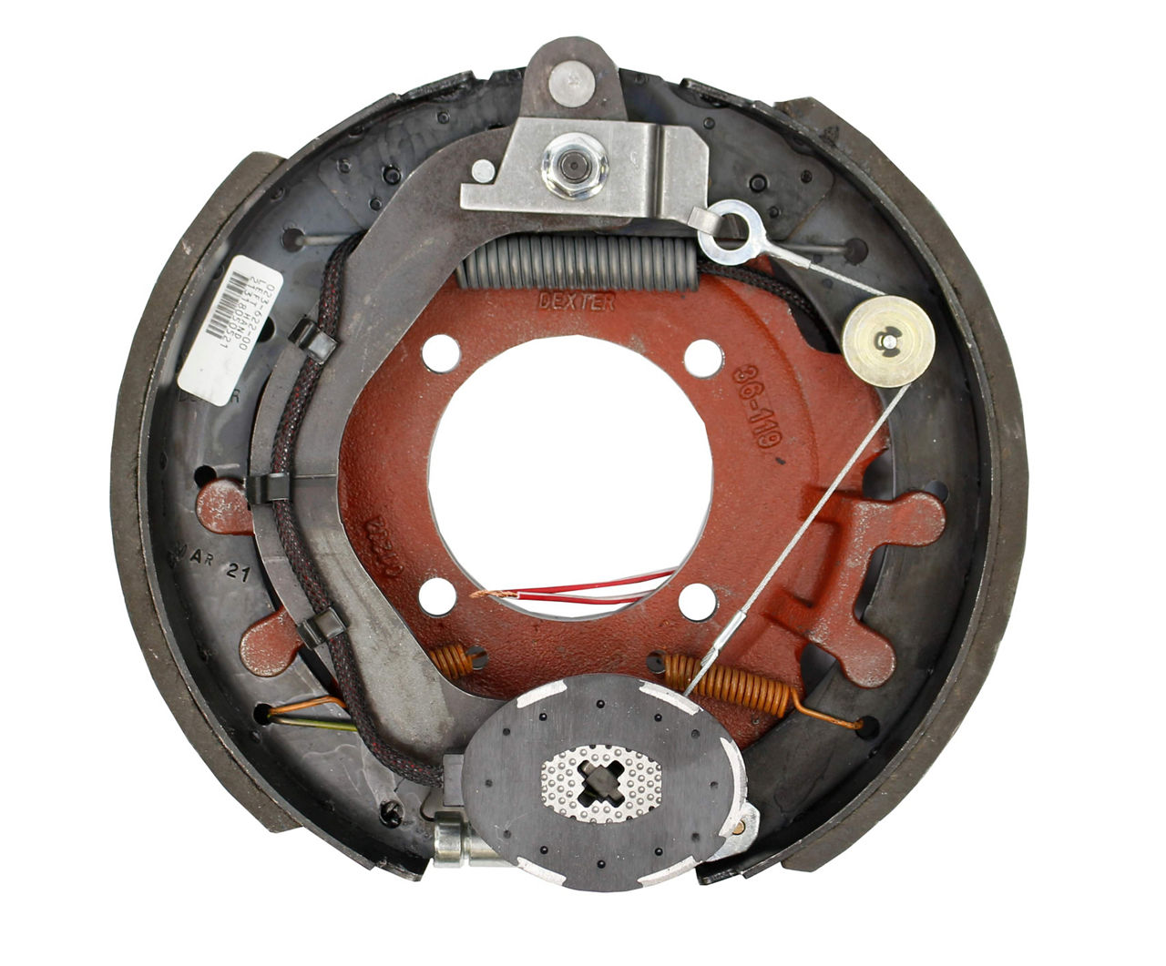 Dexter 8,000 Lbs Per Pair Capacity (4,000 Lbs Each) 12-1/4" x 2-1/2" Nev-R-Adjust® Narrow Electric Drum Brake Assembly, Left Side, 4-Bolt Mount, Retail Boxed