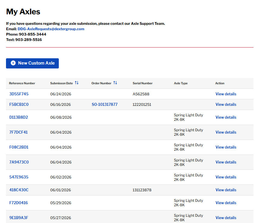 My Axles list showing reference numbers, submission dates, order numbers, serial numbers and axle types