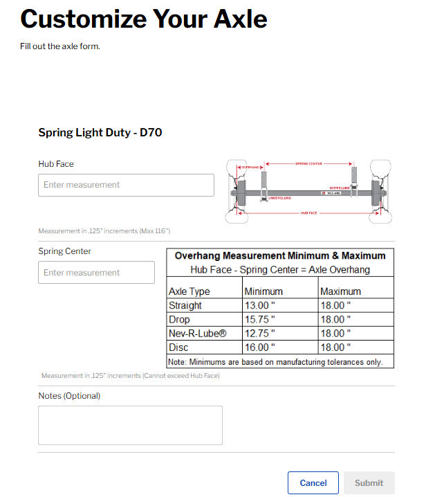 Axle designer form showing Hub Face, Spring Center, Overhang, Axle Type selection with product images