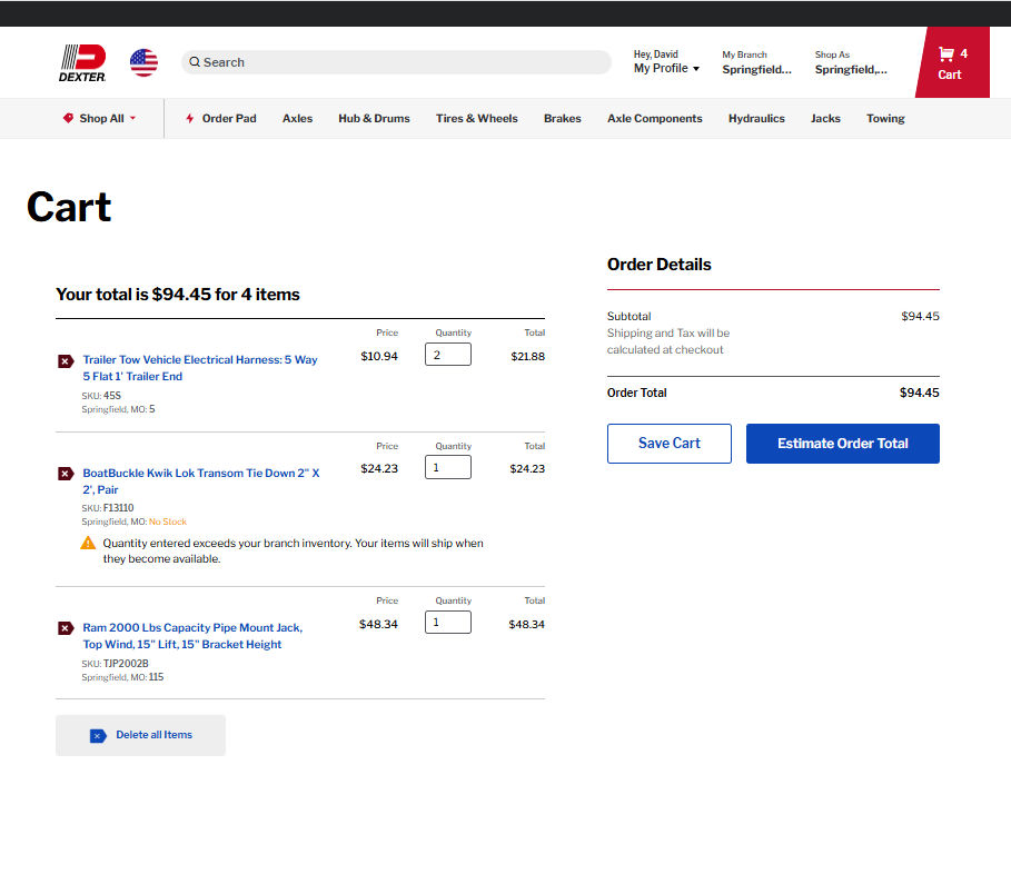 Cart showing items, quantities, branch and checkout options
