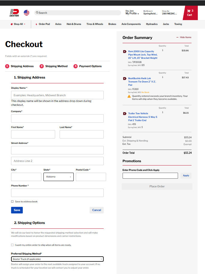Checkout page showing delivery address, fulfillment branch, delivery method and order summary