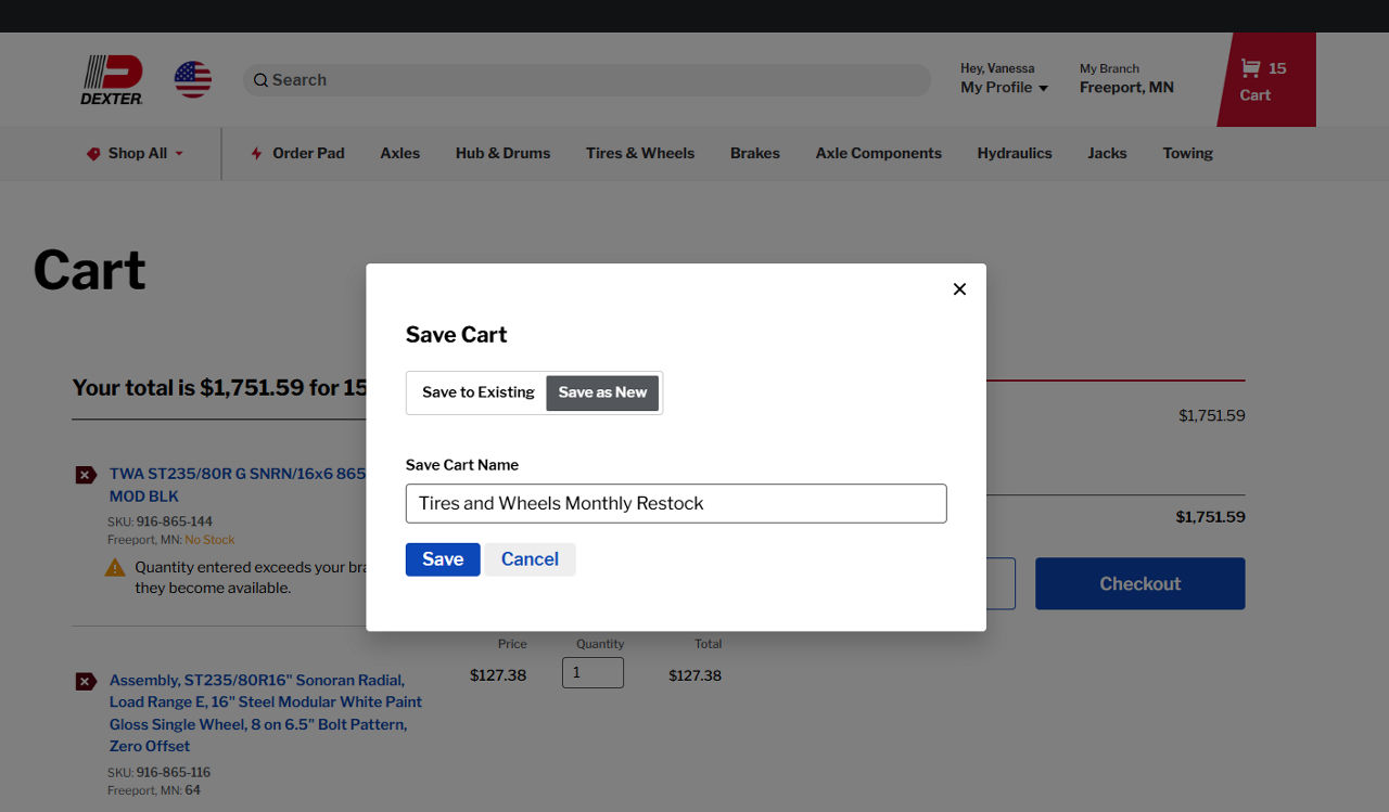 Active cart showing Save Cart option to move items to a saved cart