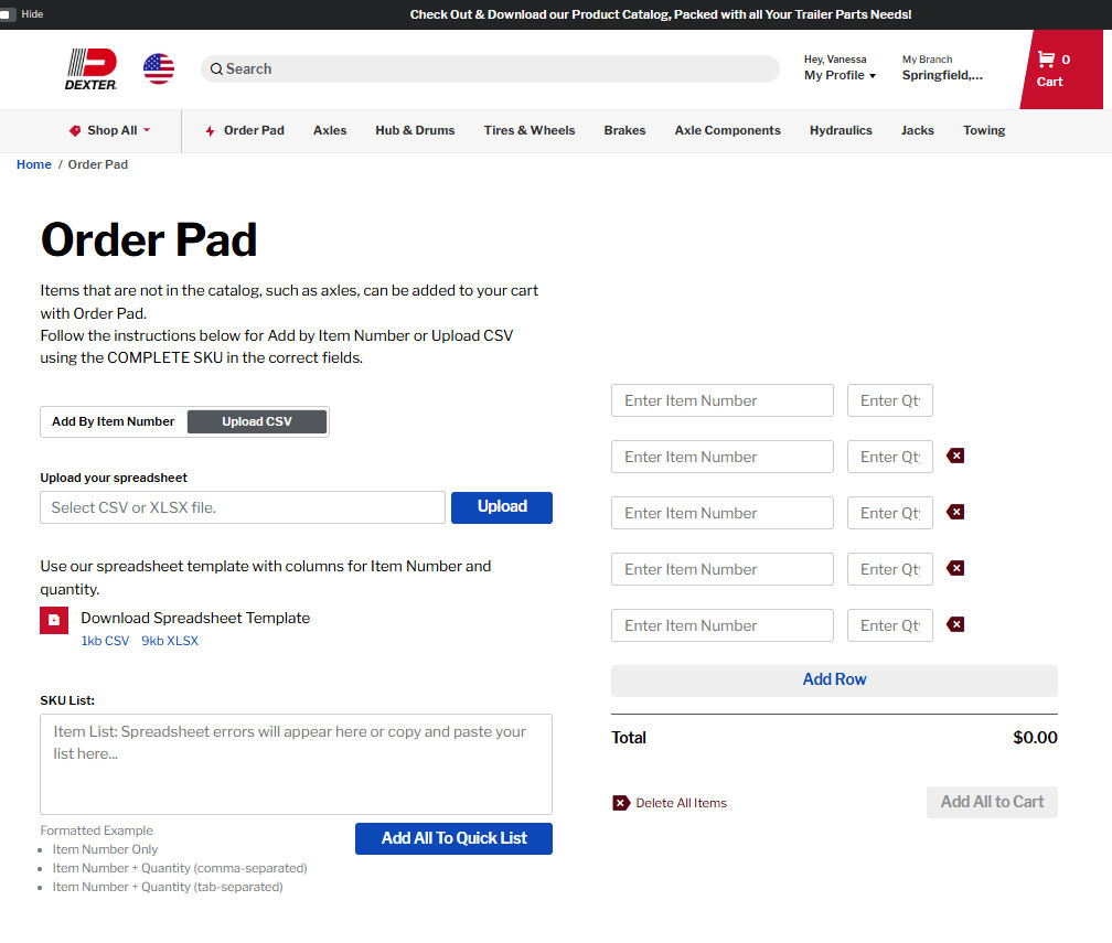 Order Pad Upload CSV view showing file upload, SKU list paste box, spreadsheet template download, and Add All to Quick List button
