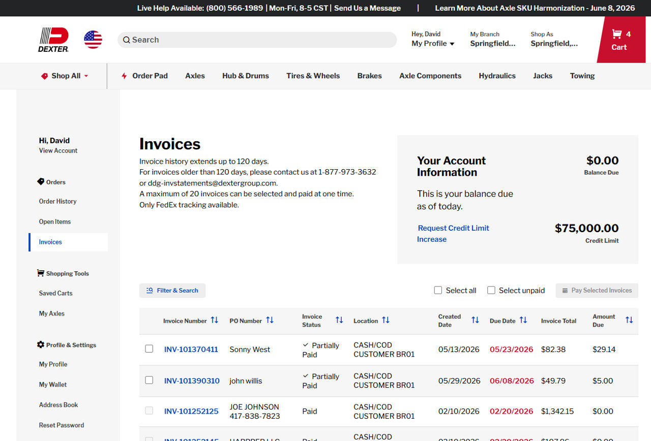 Invoices page showing list of invoices with account balance and credit limit summary