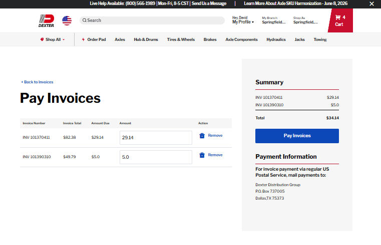 Pay Invoices screen showing selected invoices with editable amounts and payment summary