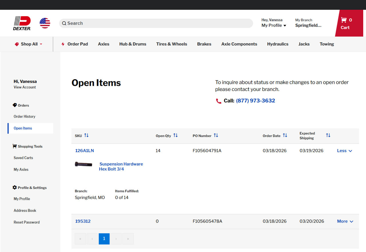 Open Items page showing list of items not yet shipped with expected ship dates