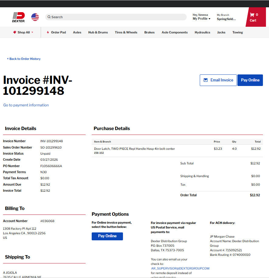 Invoice detail page showing invoice metadata, line items, billing address, and payment options