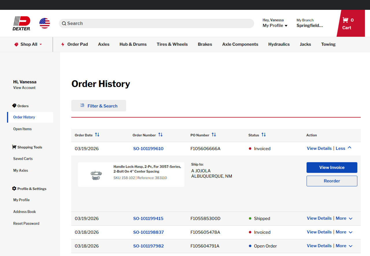 Order History screen showing list of orders with Filter and Search panel open