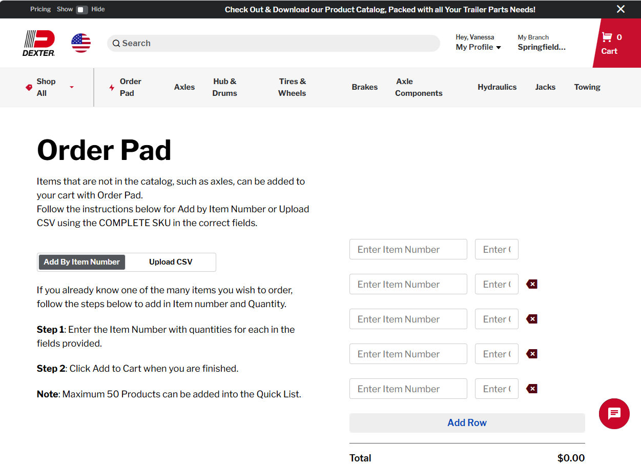 Order Pad Add By Item Number view showing SKU entry rows, quantity fields, availability, pricing, and Add All to Cart button