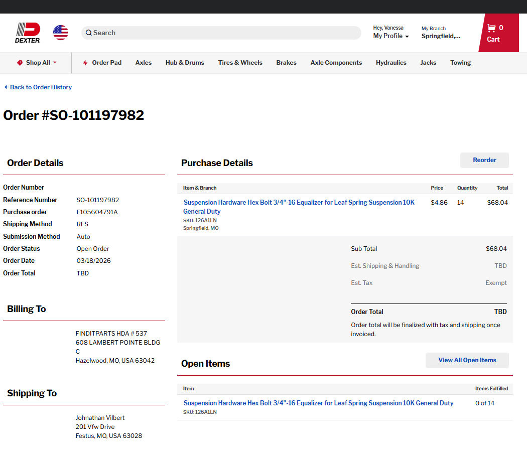 Order detail page showing order information, line items, pricing, and shipping details
