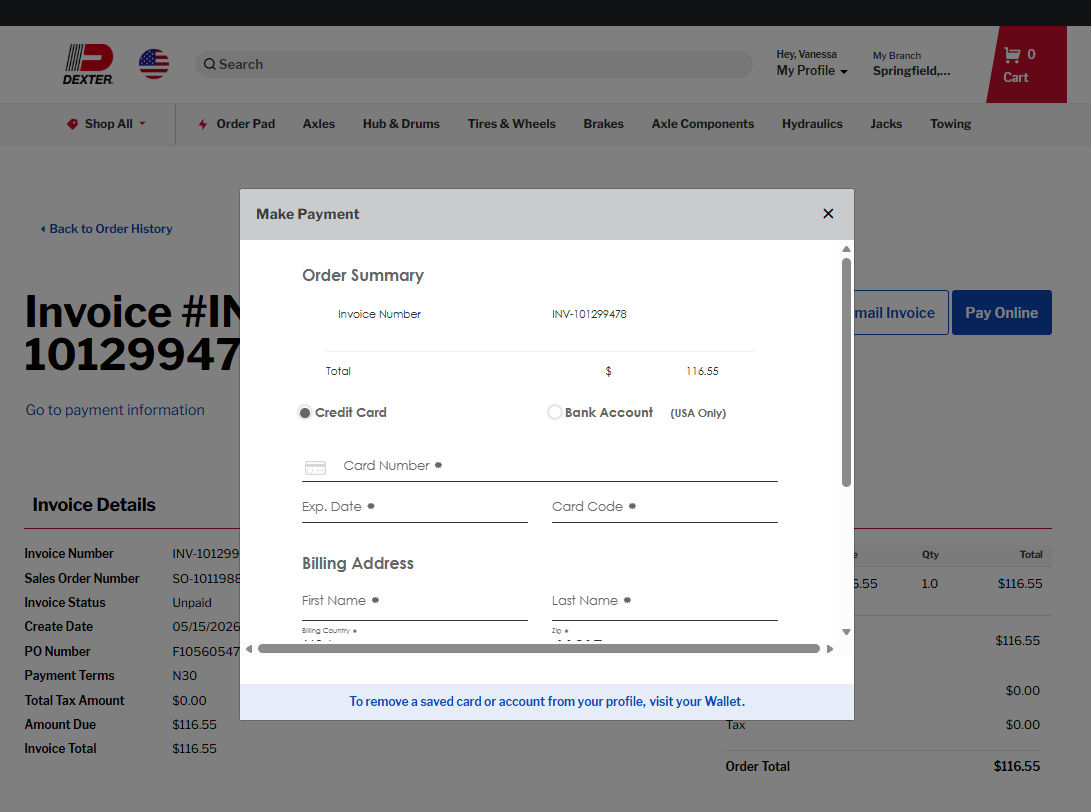 Make Payment modal showing credit card and bank account options with billing address fields