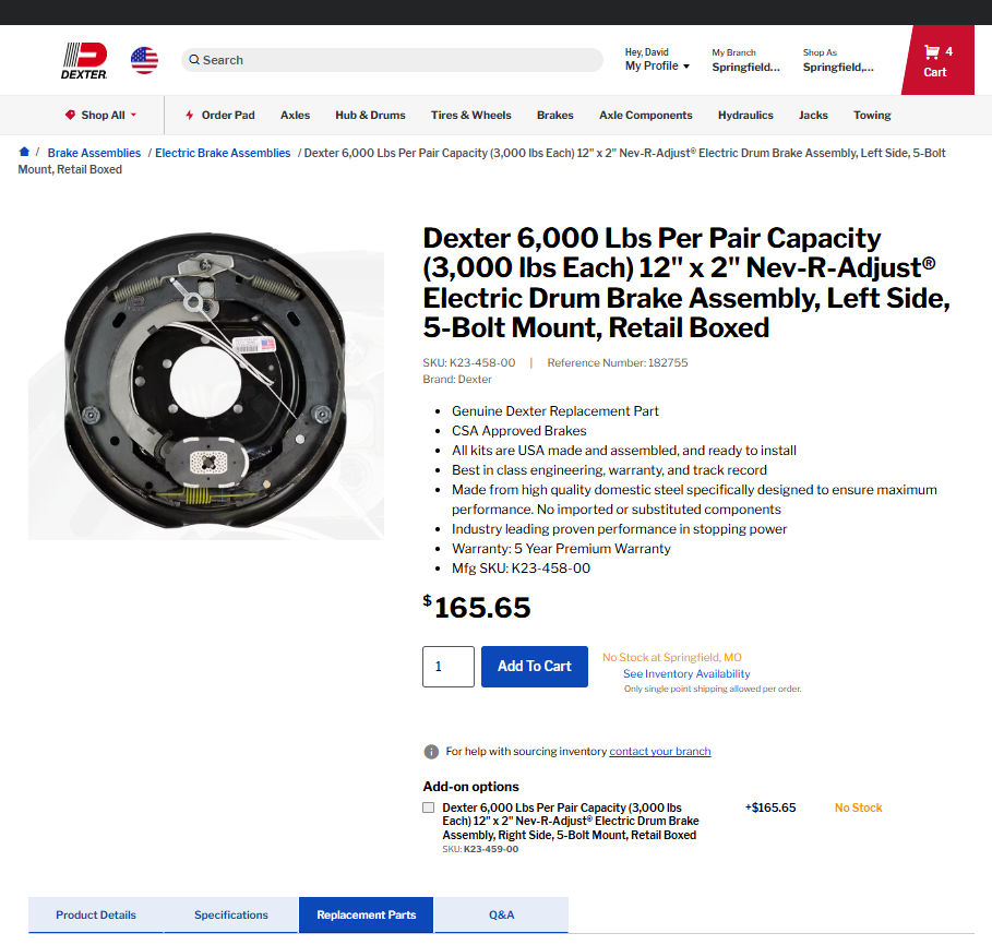 Product detail page showing availability, pricing and item details
