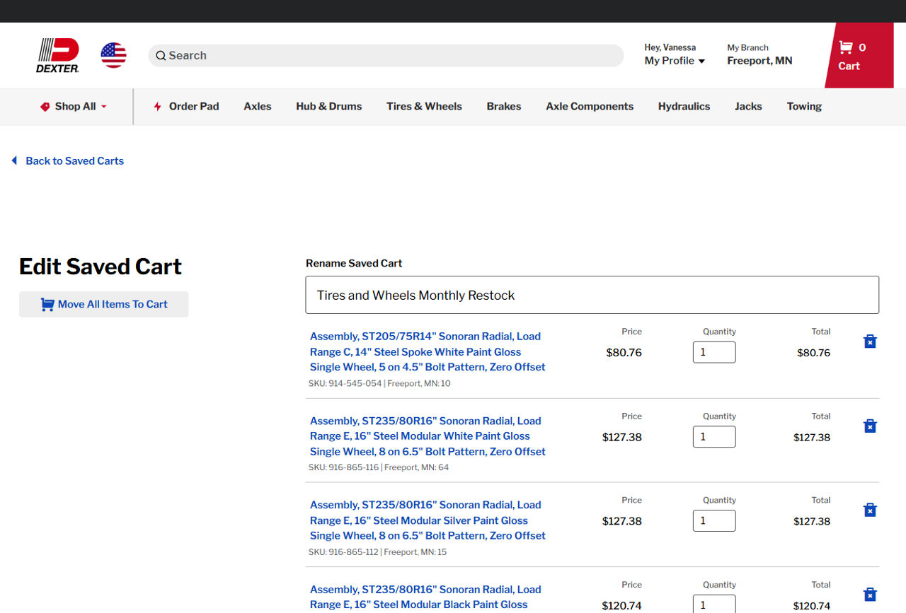 Edit Saved Cart page showing rename field, line items with prices and quantities, Save Edits button