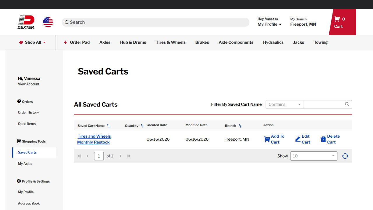 Saved Carts list showing all saved carts with Add To Cart, Edit Cart and Delete Cart actions