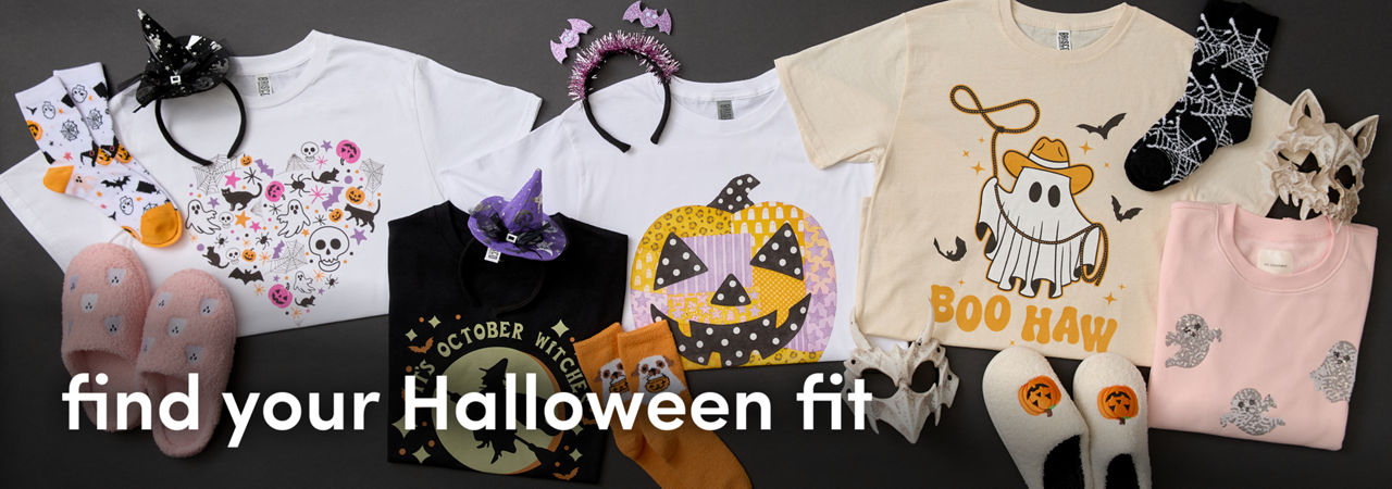 Find your Halloween fit with tees, sweatshirts, slippers, socks, and costume accessories from pOpshelf.