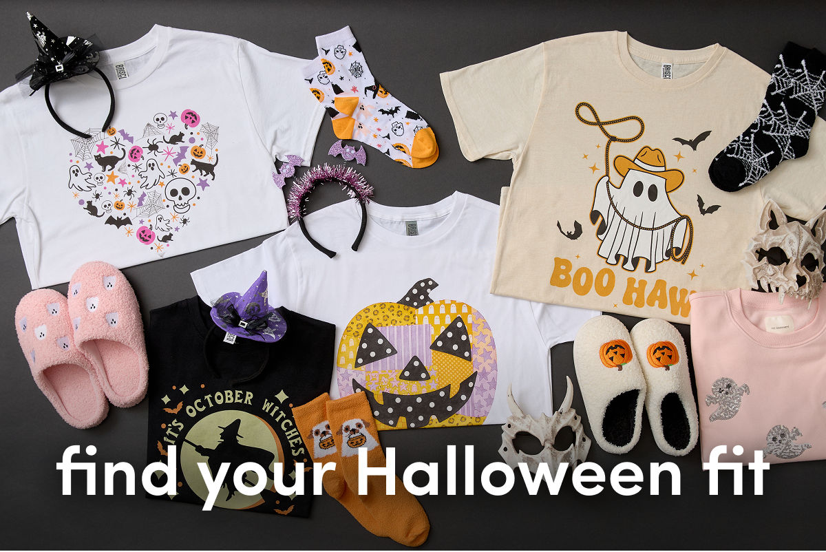Find your Halloween fit with tees, sweatshirts, slippers, socks, and costume accessories from pOpshelf.