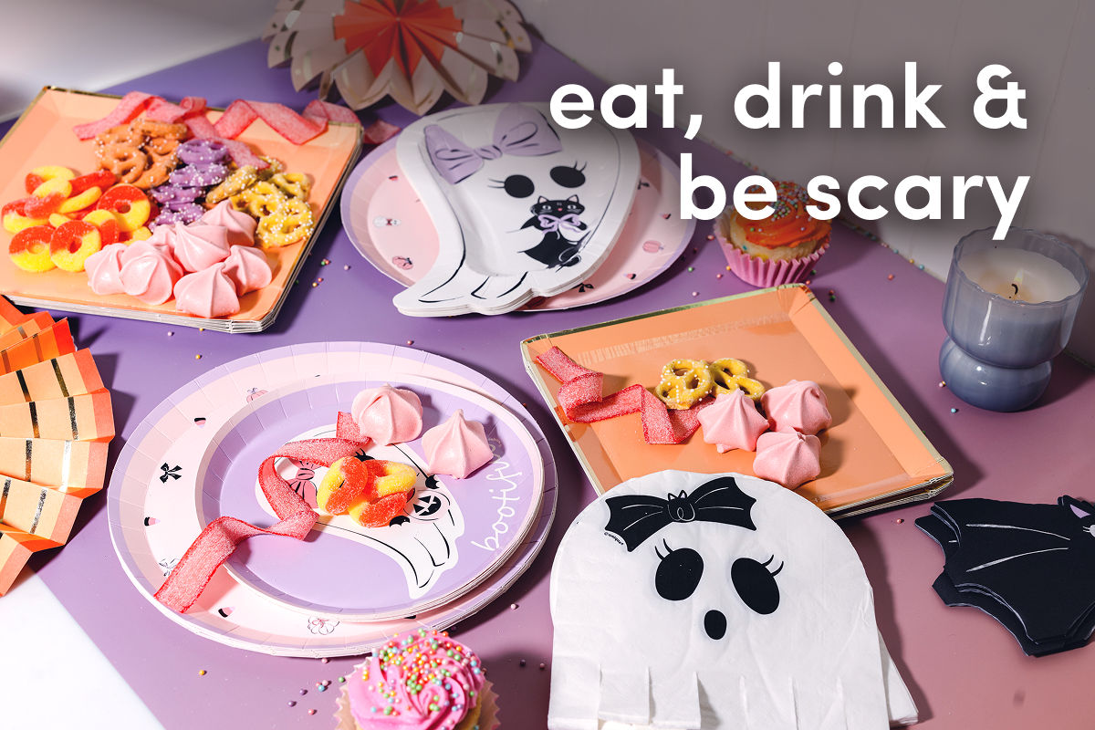 Color cute-spooky Halloween paper party supplies: ghost napkins, ghost plates, ornage square plates, bat napkins, and more.