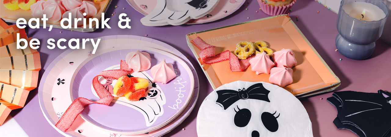 Color cute-spooky Halloween paper party supplies: ghost napkins, ghost plates, ornage square plates, bat napkins, and more.