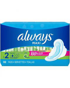 Always Maxi Pads Size 2 Long Super Absorbency Unscented With Wings, 32 Count