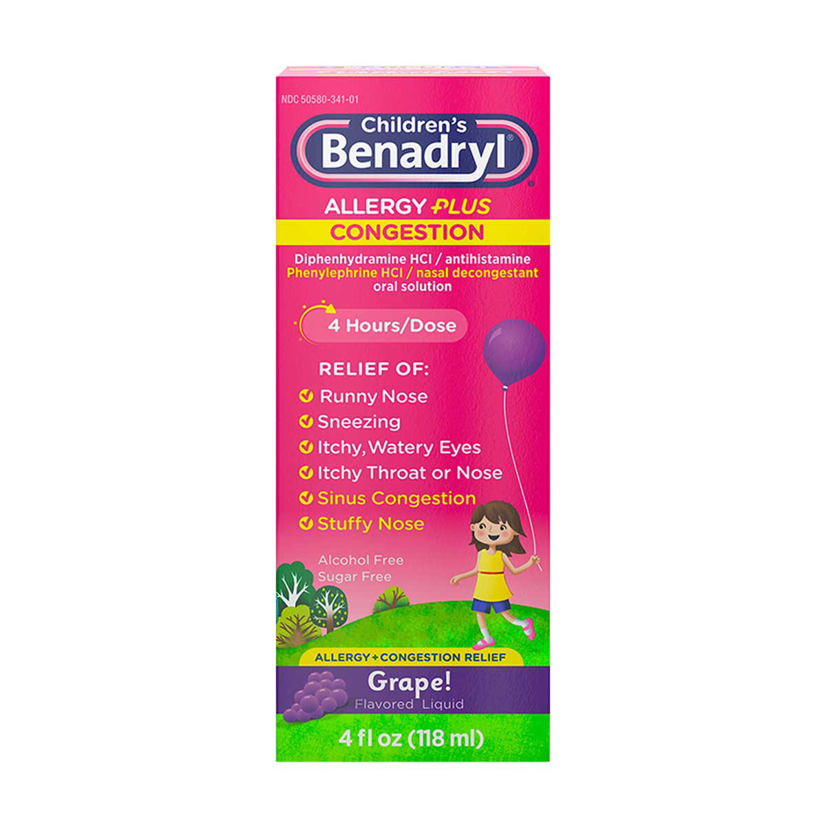 Children's-Benadryl-Allergy-Plus-Congestion-Relief-Liquid-Medicine-with-Diphenhydramine-HCl-Antihistamine-&-Phenylephrine-HCl-Nasal-Decongestant,-Alcohol--&-Sugar-Free,-Grape,-4-fl.-oz