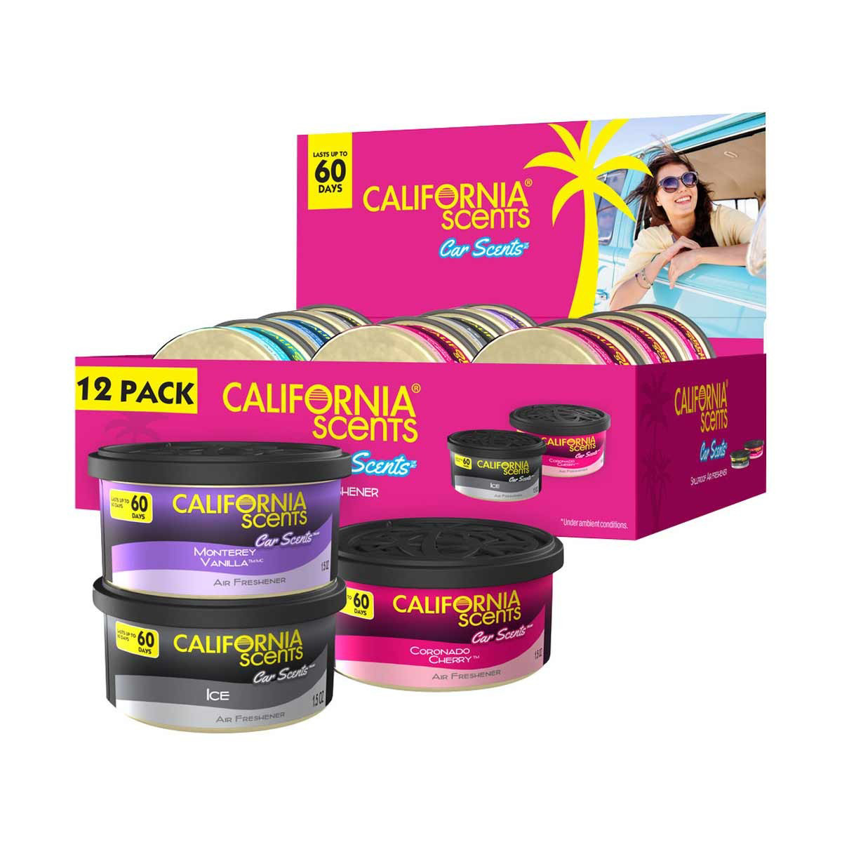 California Scents Car Scents Adjustable Cap Can Air Freshener Display - 12  Piece Assortment