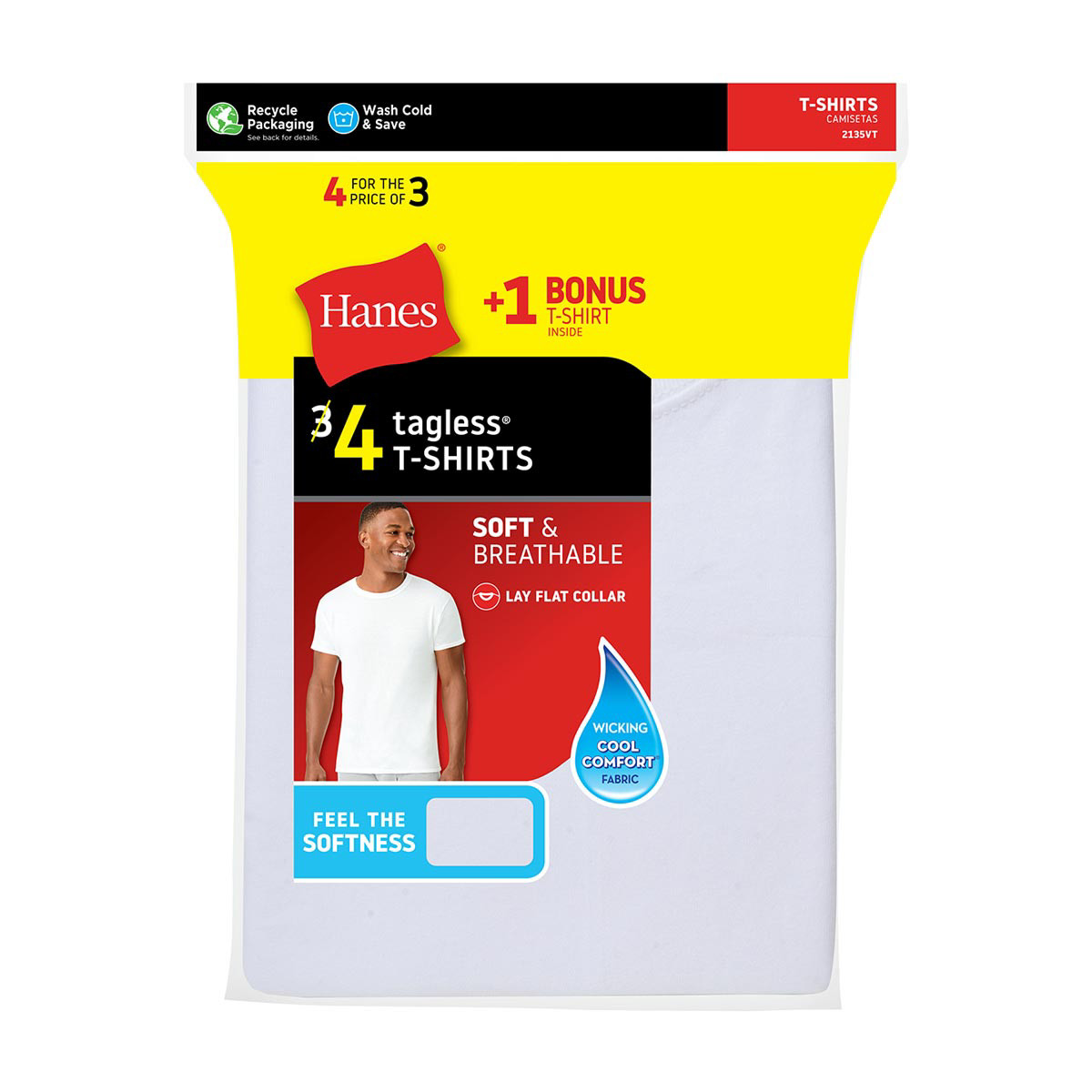 Hanes Men's ComfortSoft White Crewneck T-Shirt 3-Pack+1 Free, Size L