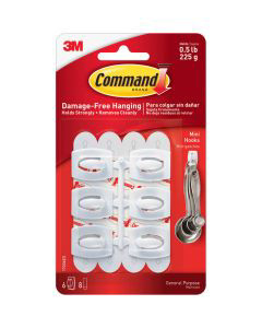 Command Mini Hooks, White, 6 Hooks, 8 Strips/Pack