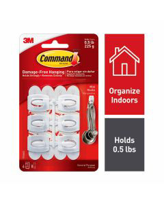 Command Mini Hooks, White, 6 Hooks, 8 Strips/Pack