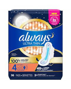 Always Ultra Thin Pads Size 4 Overnight Absorbency Unscented With Wings, 36  Count