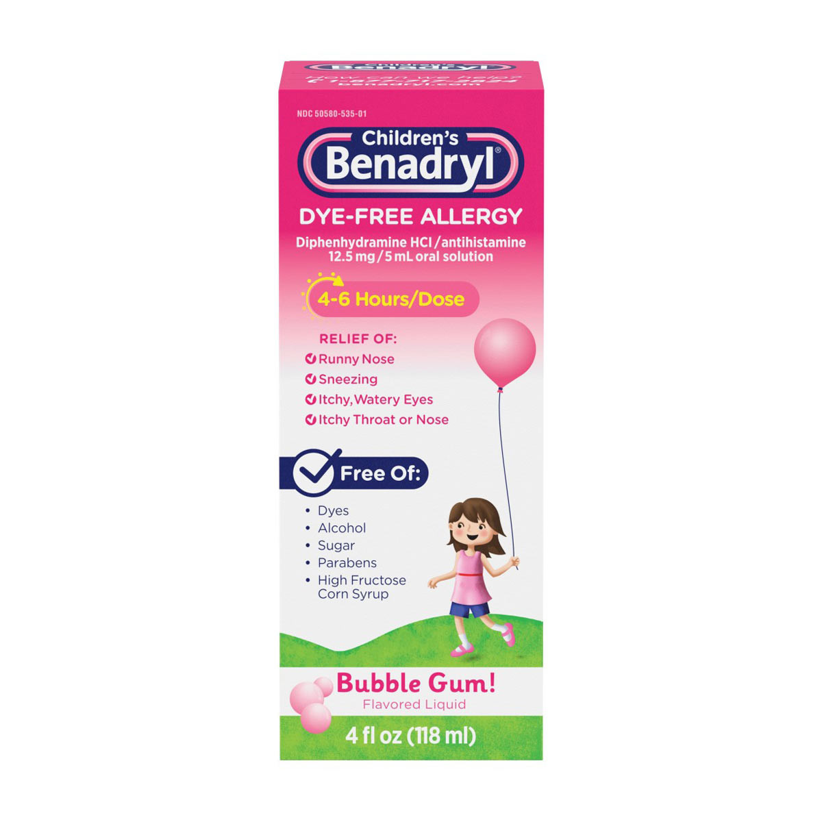 Benadryl Children's Dye Free Allergy Liquid, Bubble Gum, 20 fl oz