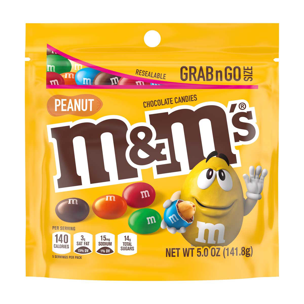 M&M's Peanut Chocolate Candy, Grab N Go Size Bag, 5 Oz