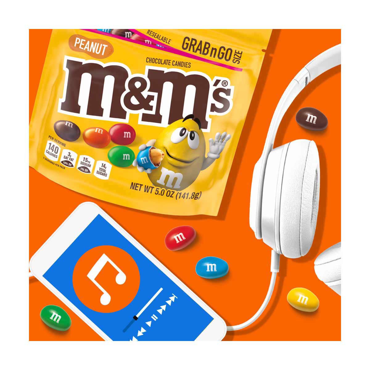 M&M's Peanut Chocolate Candy, Grab N Go Size Bag, 5 Oz