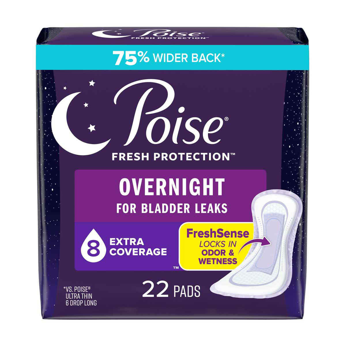 Poise Incontinence Pads & Postpartum Overnight Incontinence Pads, 8 Drop Extra Coverage, 22 Count