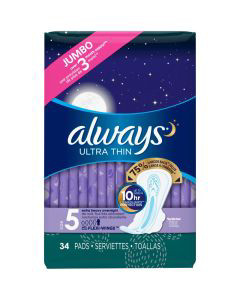 Always Ultra Thin Overnight Pads with Wings, Size 5, Extra Heavy