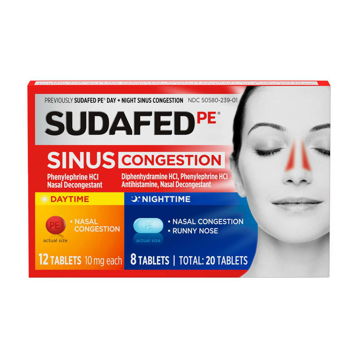 Sudafed PE Sinus Congestion Day + Night Maximum Strength Decongestant & Antihistamine Tablets with Phenylephrine HCl & Diphenhydramine HCl, Helps Nasal & Sinus Pressure & Congestion, 20 ct