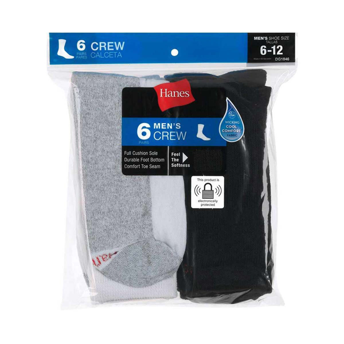 Hanes Men's Crew Socks- Assorted White & Black 6 Pack, Shoe Size 6-12