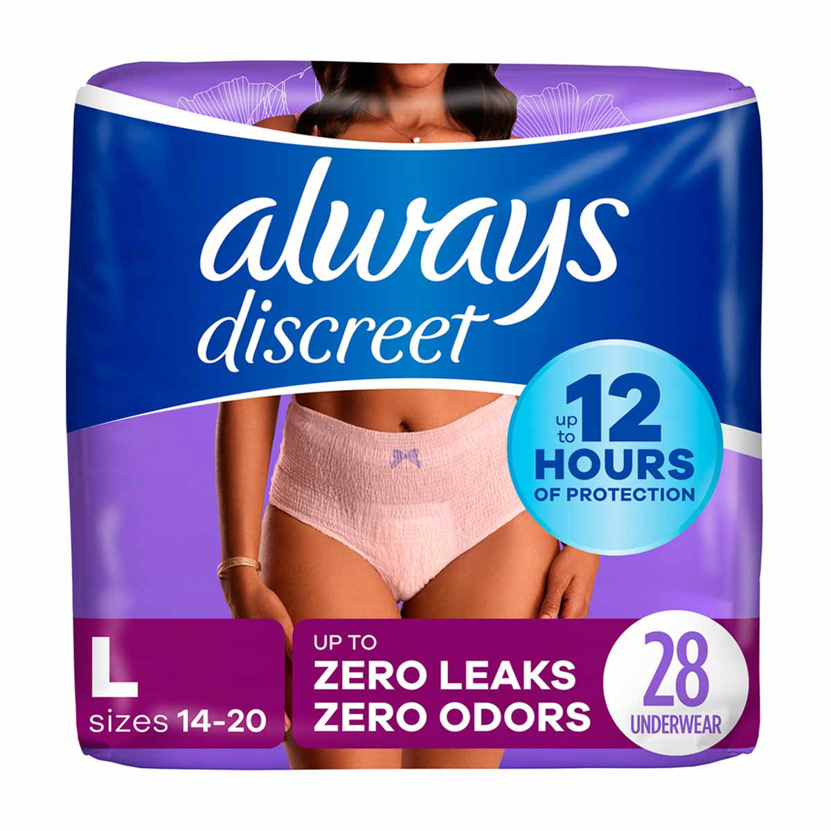 Always Discreet Incontinence Underwear for Women, L (14-20), 28 ct