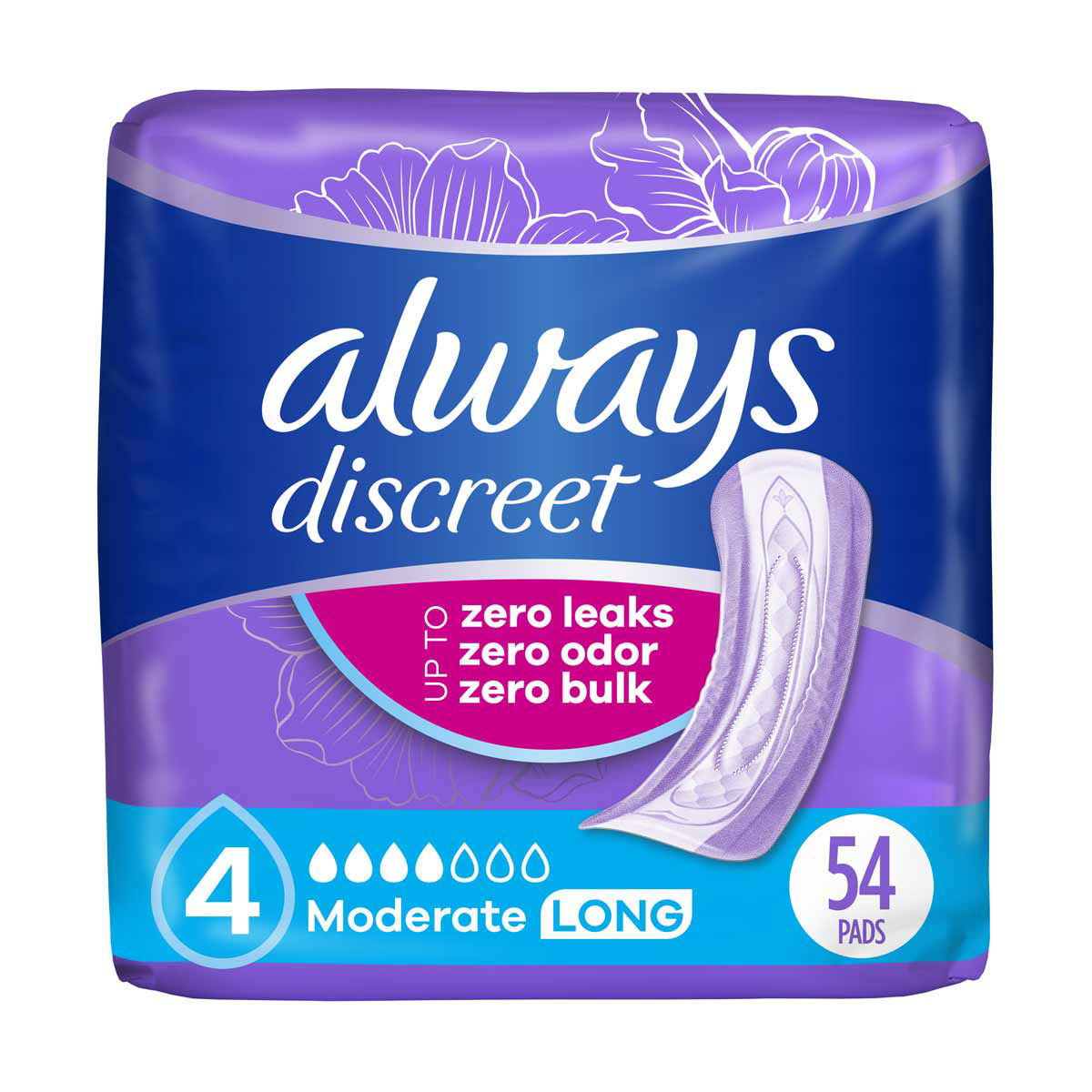 Always Discreet Incontinence Pads For Women, Moderate Absorbency, Long
