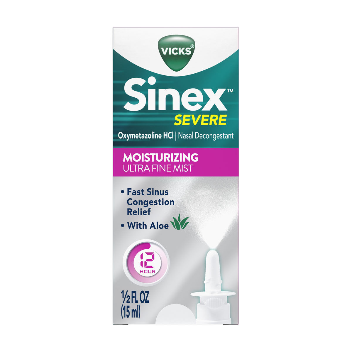 Vicks Sinex SEVERE Nasal Spray, Moisturizing Ultra Fine Mist with Aloe, Decongestant Medicine, Relief from Stuffy Nose due to Cold or Allergy, & Nasal Congestion, Sinus Pressure Relief, 265 Sprays