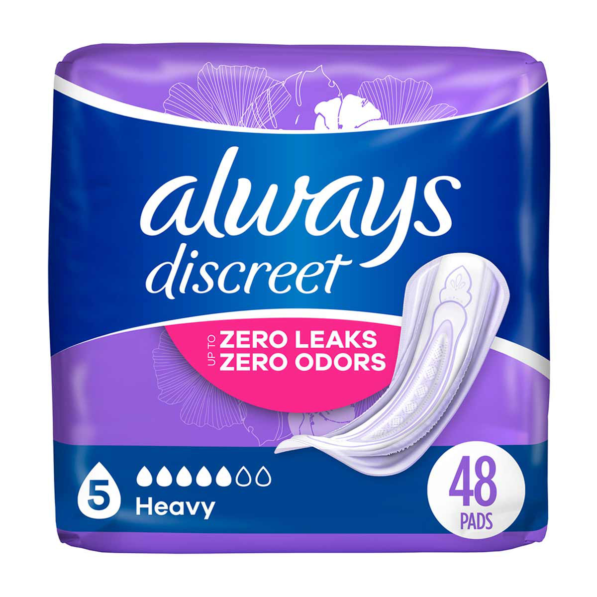 Always Discreet Incontinence Pads, 5 Heavy, 48 ct