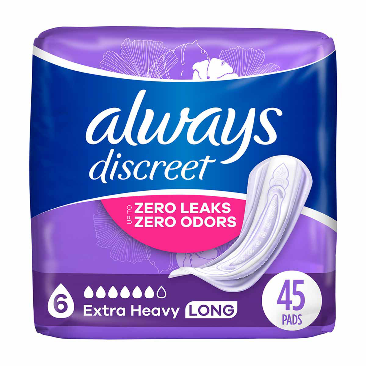 Always Discreet Incontinence Pads, 6 Extra Heavy, Long, 45 ct