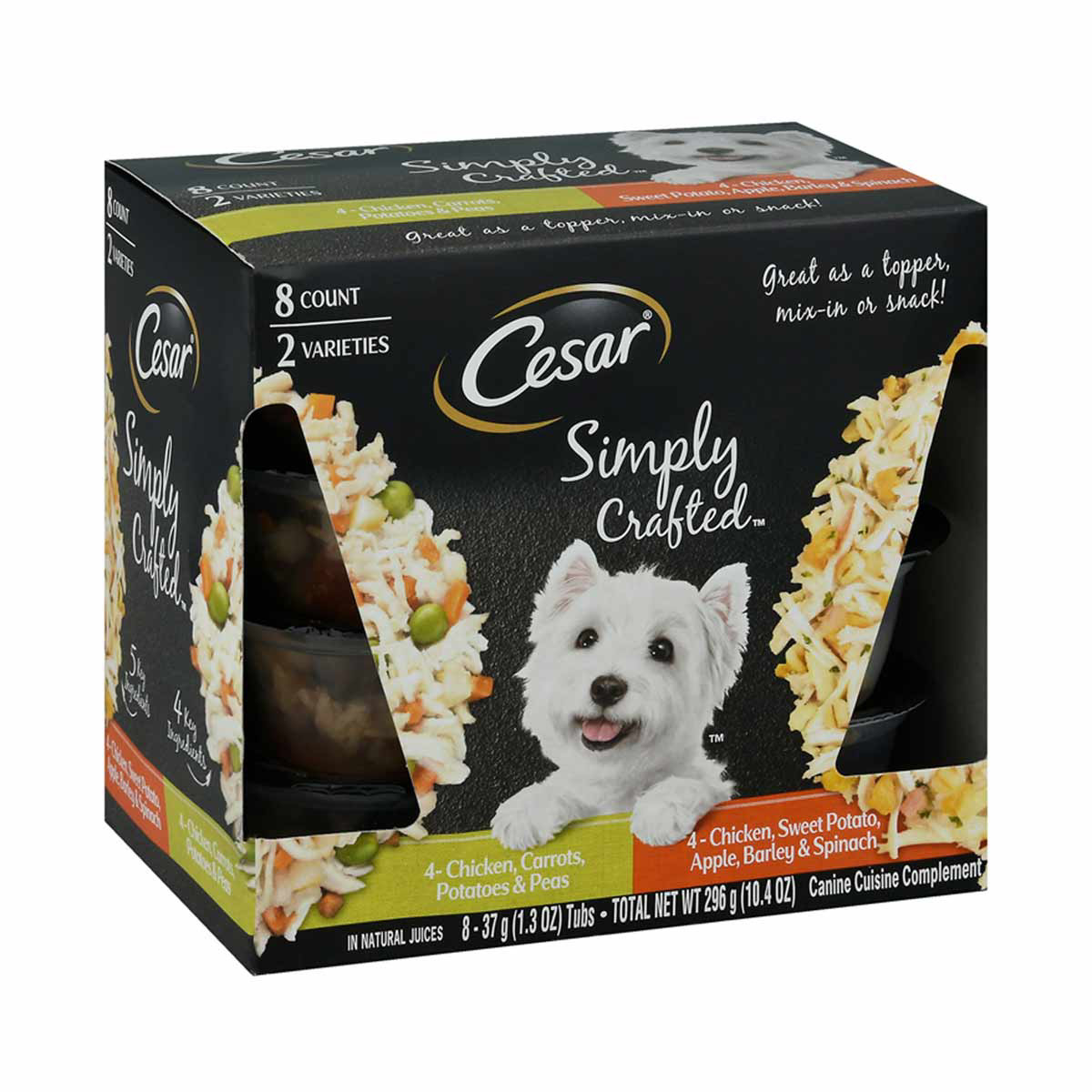 Cesar Simply Crafted Adult Wet Dog Food Meal Topper Variety Pack Chicken Carrots Potatoes Peas and Chicken Sweet Potato Apple Barley Spinach 1.3 oz Tubs 8 ct