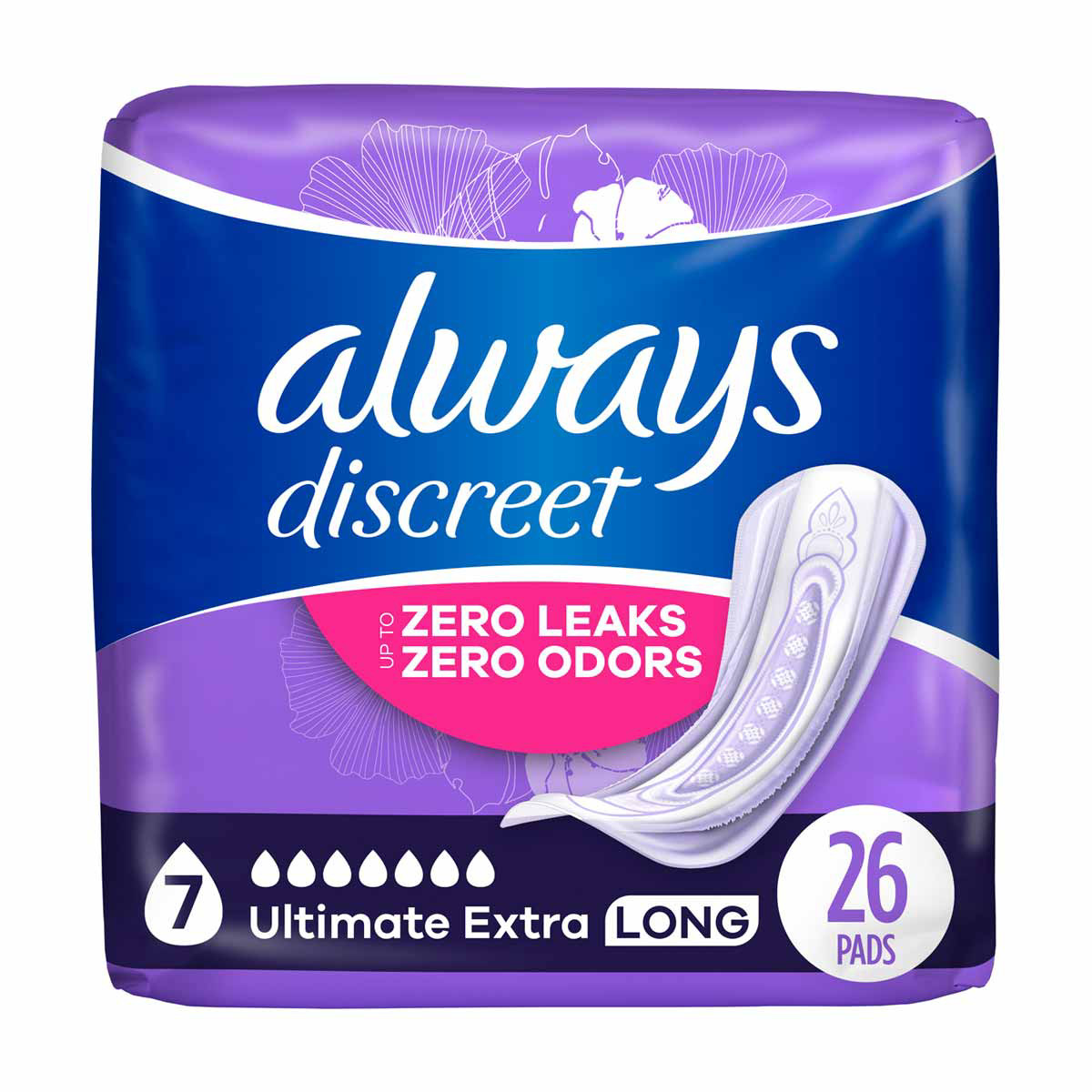 Always Discreet Incontinence Pads, 7 Ultimate Extra, Long, 26 ct