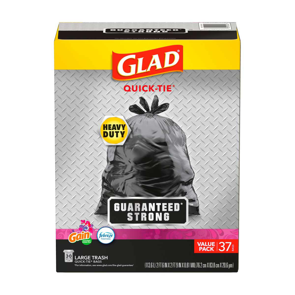 Glad Large Heavy Duty QuickTie Trash Bags Gain + Febreze, 30 Gal