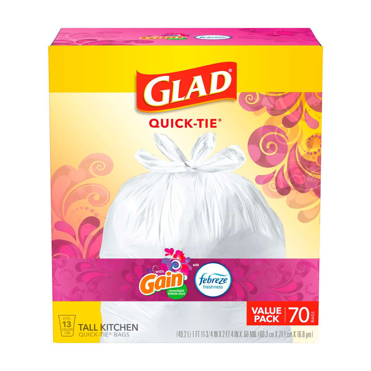 Glad 13 Gallon Tall Kitchen QuickTie Trash Bags Gain Moonlight Breeze With Febreze, 70 Ct