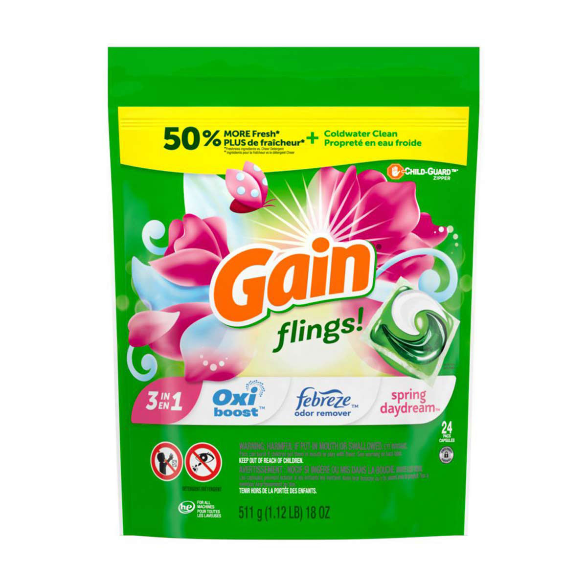 Gain Flings He Compatible Laundry Detergent Pacs Spring Daydream, 24