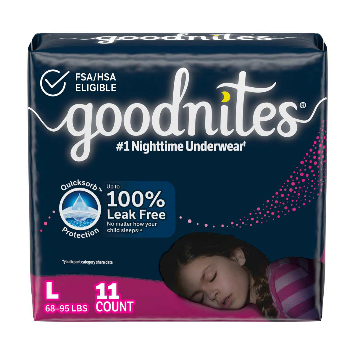 Goodnites Girls' Nighttime Bedwetting Underwear, Size Large fits 68-95 lbs, 11 ct