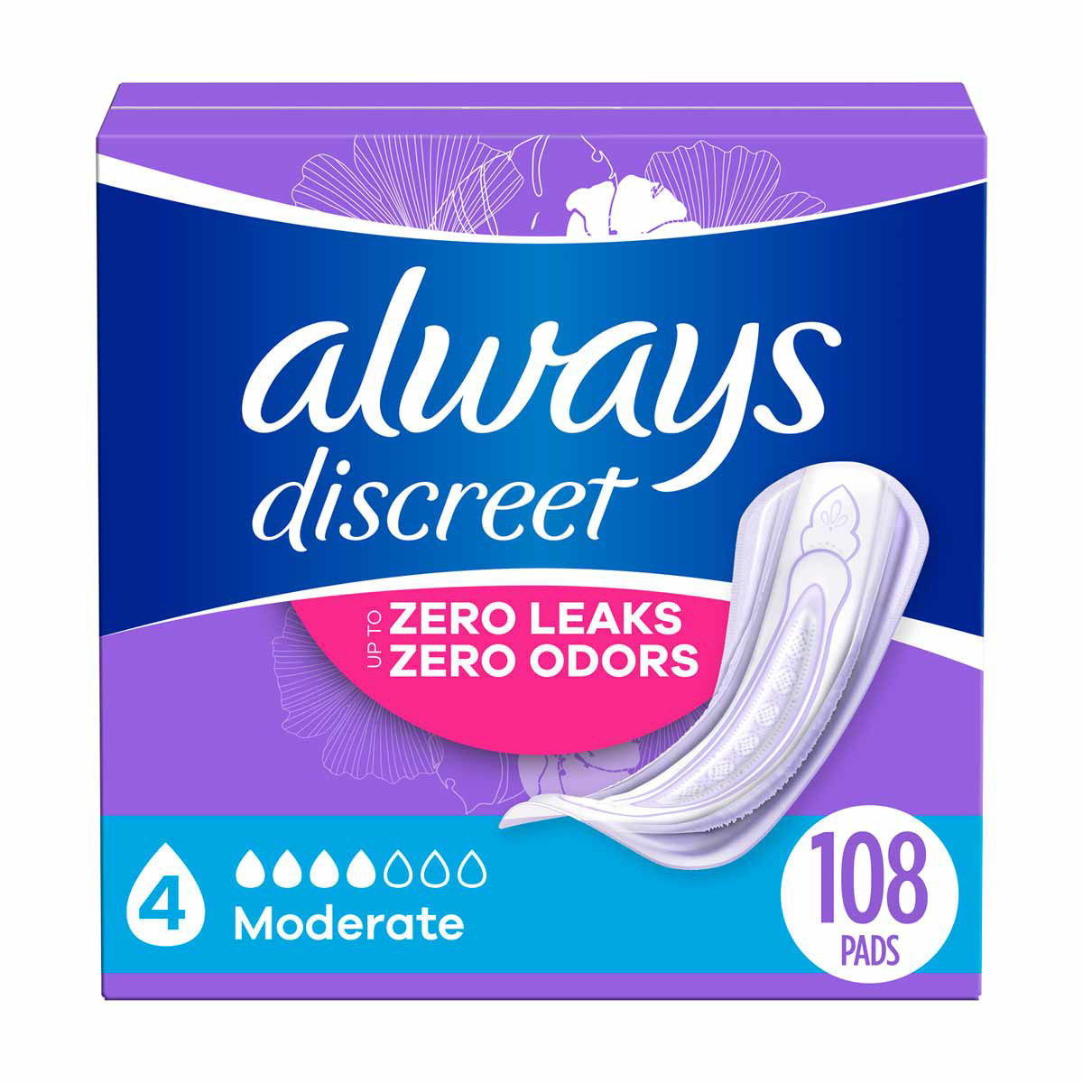 Always Discreet Incontinence Pads, 4 Moderate, 108 ct