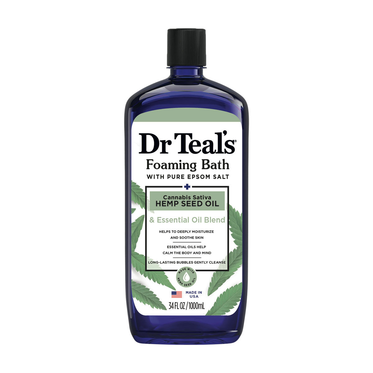 Dr Teal's Foaming Bath with Pure Epsom Salt, Cannabis Sativa Hemp Seed Oil with Essential Oil Blend, 34 fl oz.